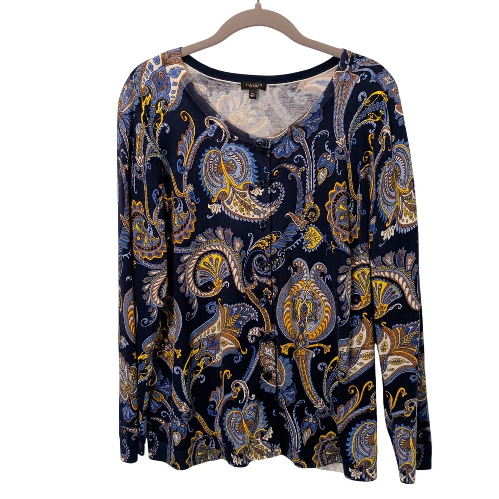 Talbots Women's Plus Sz 1XP Blue Paisley Button Up Cardigan Sweater Cotton